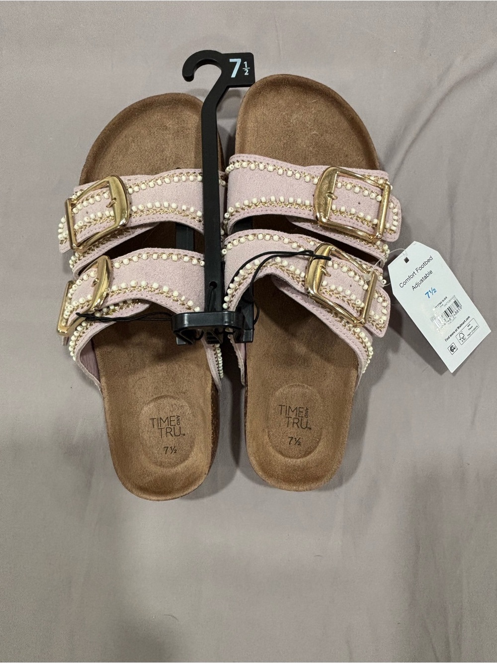 Time and Tru Pink Slide Sandals with Gold Buckles and Studs